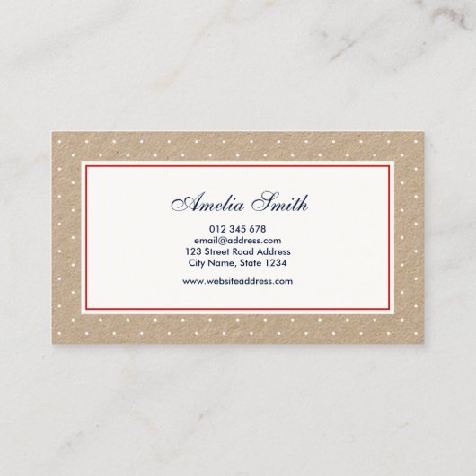 Stijlvolle witte polka dot en blauwe lint kraft visitekaartje (Achterkant)