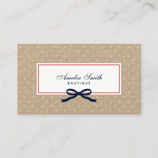 Stijlvolle witte polka dot en blauwe lint kraft visitekaartje (Voorkant)