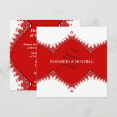 Stijlvolle witte rode kant monogram bruiloft kaart (Voorkant / Achterkant)