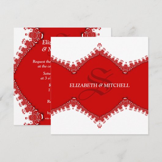 Stijlvolle witte rode kant monogram bruiloft kaart (Voorkant / Achterkant)