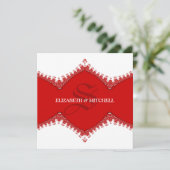 Stijlvolle witte rode kant monogram bruiloft kaart (Staand voorkant)