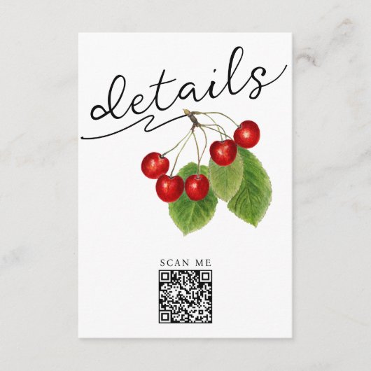 Stijlvolle witte rode kersen digitale QR-code Deta Informatiekaartje (Voorkant)