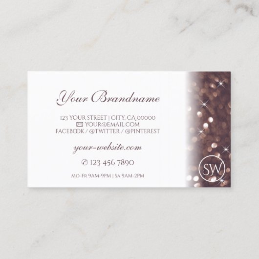 Stijlvolle witte roodbruine glitter-monogram visitekaartje (Achterkant)