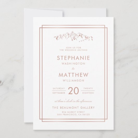 Stijlvolle Witte & Roos Gouden Berg Bruiloft Kaart (Voorkant)