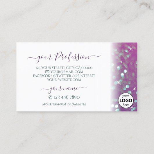 Stijlvolle witte roze Blauwgroen mousserende glitt Visitekaartje (Achterkant)