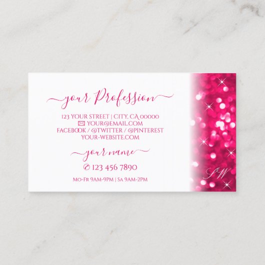 Stijlvolle witte roze mousserende glitterInitialen Visitekaartje (Achterkant)