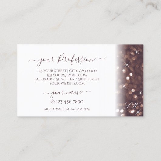 Stijlvolle witte rozen goudhoudende glitterInitial Visitekaartje (Achterkant)