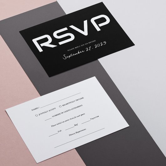 Stijlvolle witte Script bruiloft RSVP Kaart op zwa