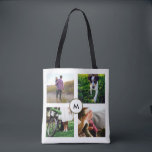 Stijlvolle witte vier foto raster met monogram tote bag<br><div class="desc">Dit stijlvolle tas fungeert als een geweldige manier om je favoriete foto's te shows! Gebruik gewoon de sjabloon om vier van je eigen foto's toe te voegen en ze verschijnen in het raster op de voor- en achterkant van de tas. U kunt ook uw monogram in het midden toevoegen.</div>