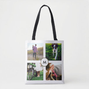 Stijlvolle witte vier foto raster met monogram tote bag