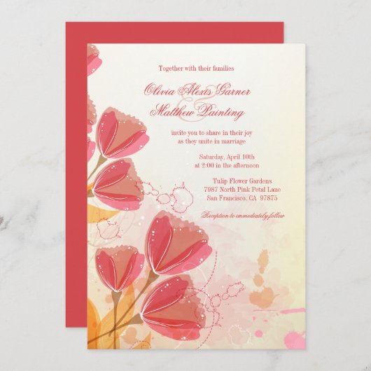 Stijlvolle zalmroze tulpen trouwuitnodiging kaart (Voorkant / Achterkant)