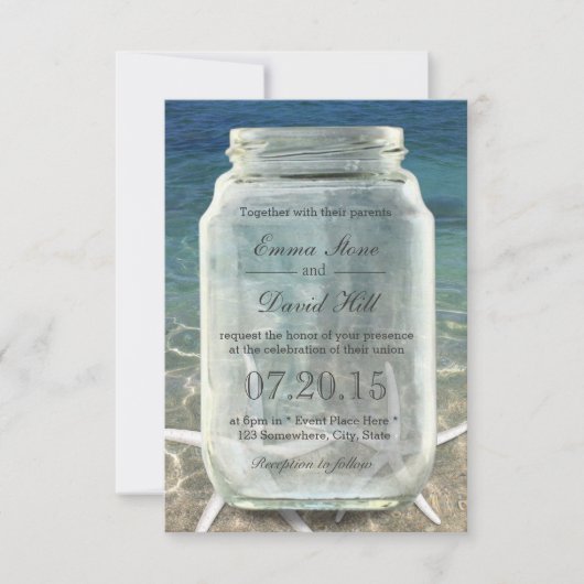 Stijlvolle Zeester & Mason Jar Blauwe Strand Bruil Kaart (Voorkant)
