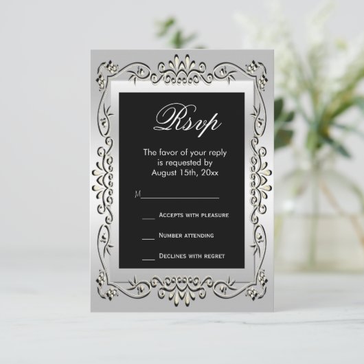 Stijlvolle Zilveren 60ste bruiloft RSVP (Staand voorkant)