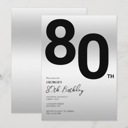 Stijlvolle zilveren 80ste verjaardagsfeestje kaart (Voorkant / Achterkant)