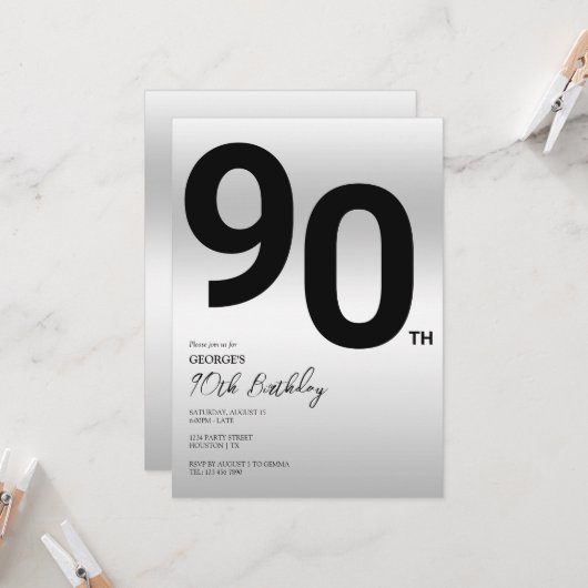 Stijlvolle zilveren 90ste verjaardagsfeestje kaart (Voorkant / Achterkant in situ)