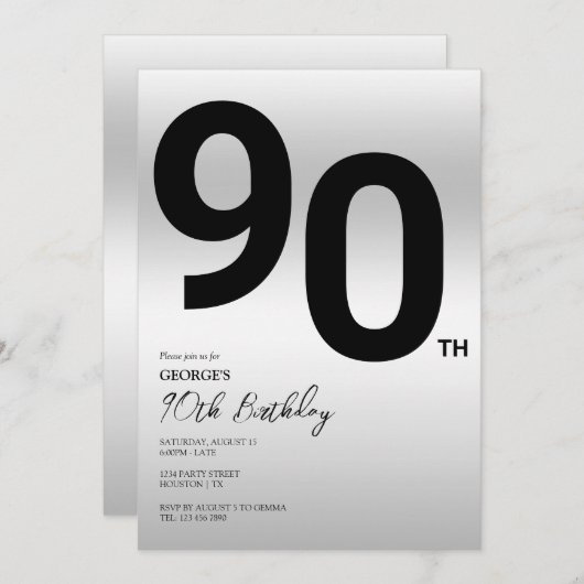 Stijlvolle zilveren 90ste verjaardagsfeestje kaart (Voorkant / Achterkant)