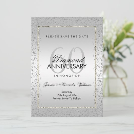 Stijlvolle Zilveren Confetti 60ste Huwelijk Save T Save The Date (Staand voorkant)