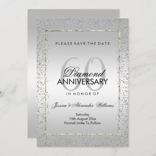 Stijlvolle Zilveren Confetti 60ste Huwelijk Save T Save The Date (Voorkant / Achterkant)