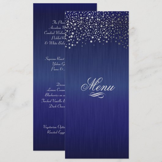 Stijlvolle zilveren Confetti Stippen donkerblauw Menu (Voorkant / Achterkant)