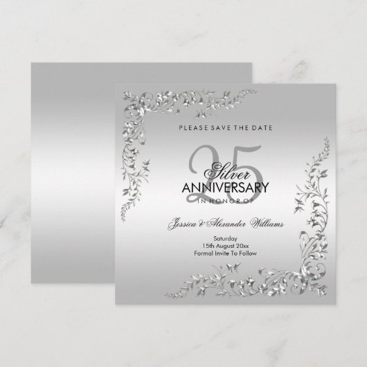 Stijlvolle zilveren decoratie 25 jaar huwelijksjub save the date (Voorkant / Achterkant)