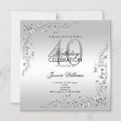 Stijlvolle zilveren Decoratie 40e verjaardag Magnetische Uitnodiging (Voorkant)