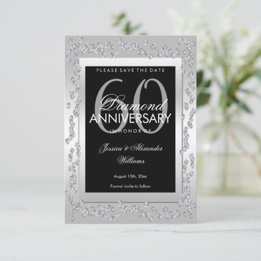 Stijlvolle zilveren diamanten 60e bruiloft Save Th Save The Date (Staand voorkant)