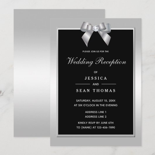 Stijlvolle zilveren edelsteen Bow & Black bruiloft Kaart (Voorkant / Achterkant)