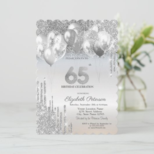 Stijlvolle Zilveren Glitter Druppels Ballonnen 65e Kaart (Staand voorkant)