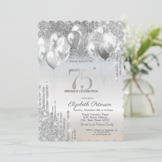 Stijlvolle zilveren glitter druppels ballonnen 75t kaart (Staand voorkant)