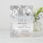 Stijlvolle zilveren glitter druppels ballonnen 90e kaart (Staand voorkant)
