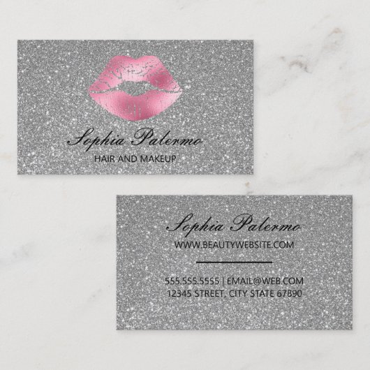 Stijlvolle zilveren glitter en roze lippen visitekaartje (Voorkant / Achterkant)