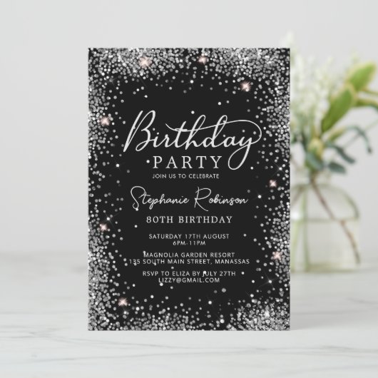 Stijlvolle Zilveren Glitter en Zwarte 80ste Verjaa Kaart (Staand voorkant)