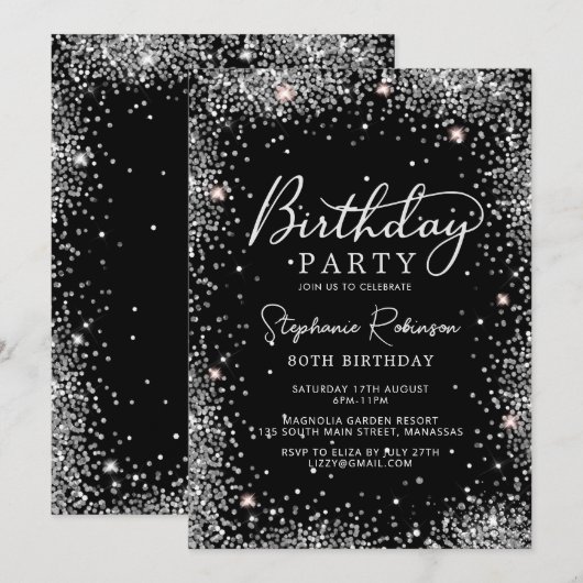 Stijlvolle Zilveren Glitter en Zwarte 80ste Verjaa Kaart (Voorkant / Achterkant)