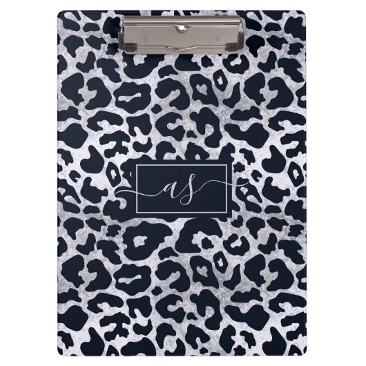 Stijlvolle Zilveren Zwarte Luipaardprint Monogram Klembord (Voorkant)