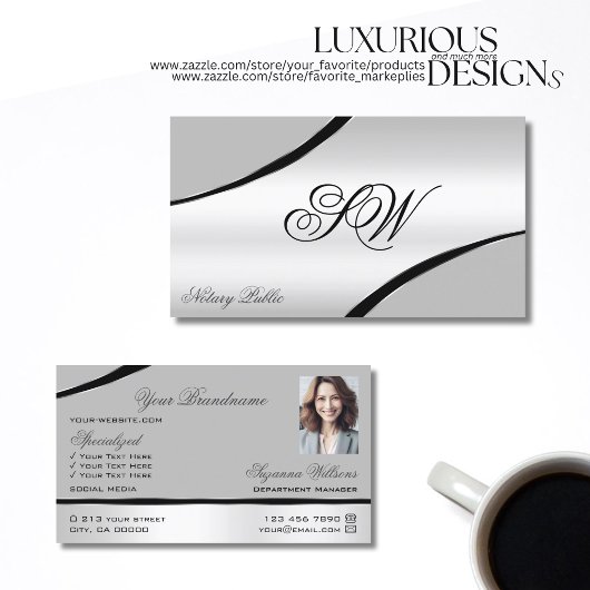 Stijlvolle zilvergrijs gebogen lijnen monogram fot visitekaartje