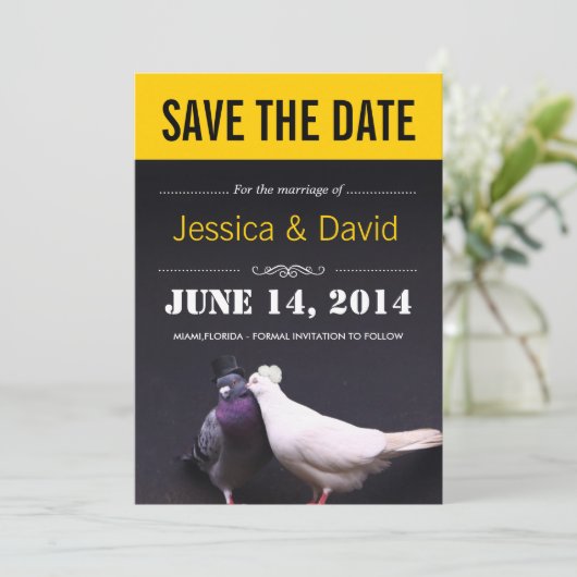 Stijlvolle zogende vogels sparen de datum aankondi kaart (Staand voorkant)