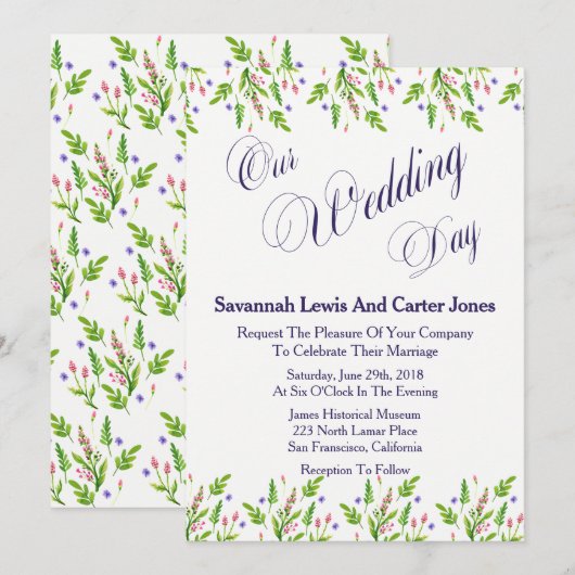 Stijlvolle zomer bloemen bruiloft kaart (Voorkant / Achterkant)