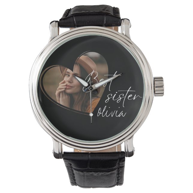 Stijlvolle zusterfoto Elegant Modern Zwart Horloge (Voorkant)