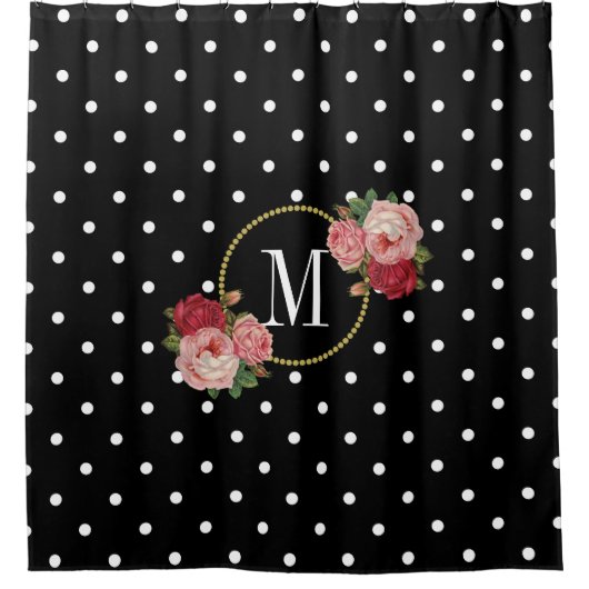 Stijlvolle zwart Antiek bloempolka stippen monogra Douchegordijn (Voorkant)