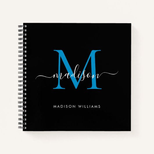 Stijlvolle zwart blauw monogram Initiaal Script Na Notitieboek (Voorkant)