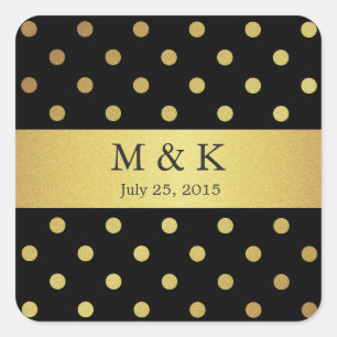 Stijlvolle zwart en gouden polka stippen monogram vierkante sticker