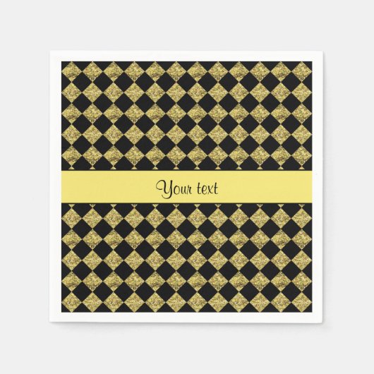 Stijlvolle zwart-gele glittercheckers servet (Voorkant)