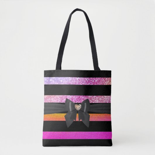 Stijlvolle zwart gestreepte roze glitterige tinten tote bag (Voorkant)