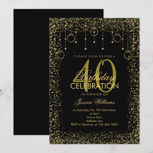 Stijlvolle Zwart & Goud Glitter Decoratie Verjaard Kaart (Voorkant / Achterkant)