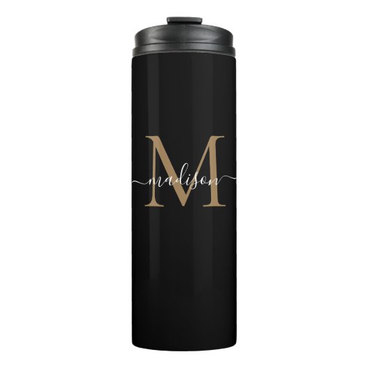 Stijlvolle zwart gouden monogram Girly Script Fitn Thermosbeker (Voorkant)