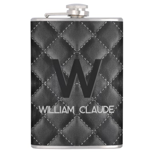 Stijlvolle zwart lederen aangepaste monogram heupfles (Voorkant)