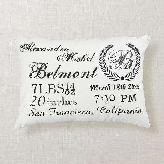 Stijlvolle zwart-wit Baby geboorte Keepsake Accent Kussen (Voorkant)