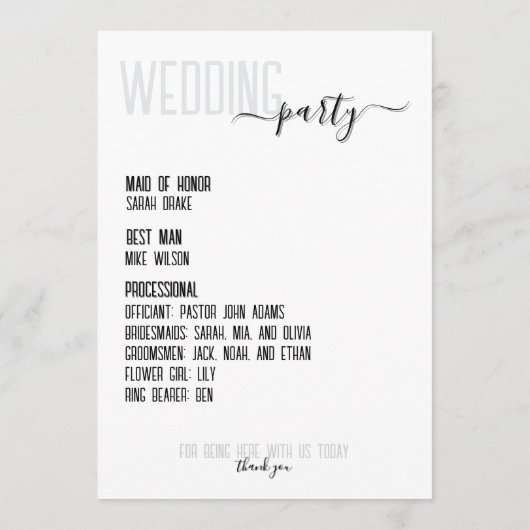 Stijlvolle zwart-wit bruiloft orde van dienst programmakaart (Achterkant)