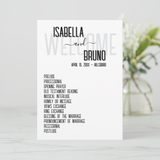 Stijlvolle zwart-wit bruiloft orde van dienst programmakaart (Staand voorkant)