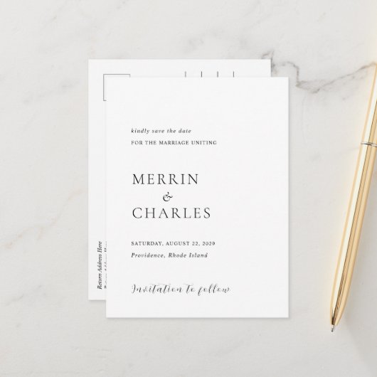 Stijlvolle zwart-wit bruiloft Save the Date Aankondigingskaart (Voorkant / Achterkant in situ)